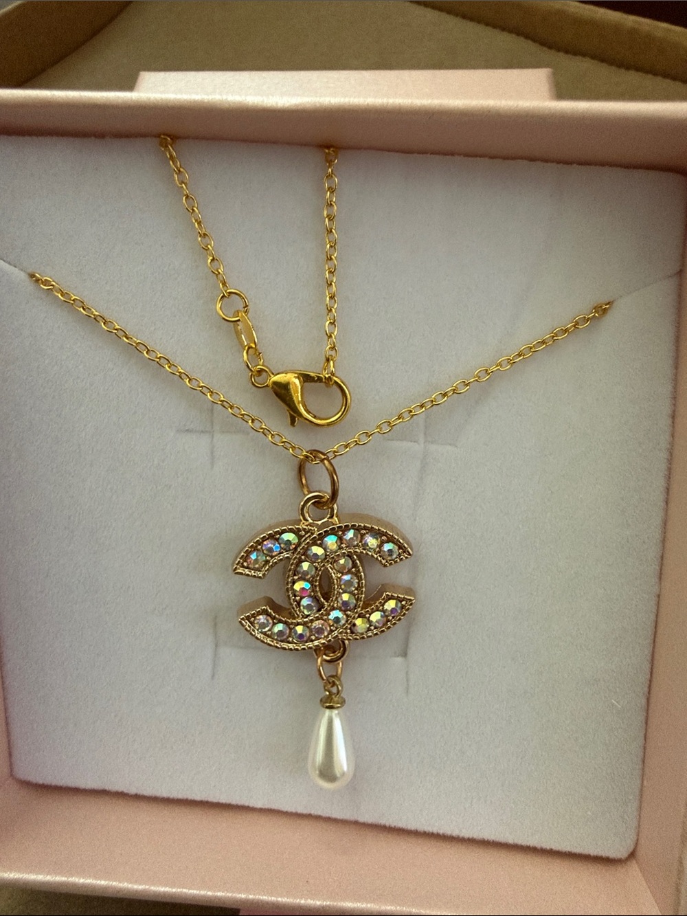 Gold Crystal Interlocking Pendant Necklace with Pearl Drop
